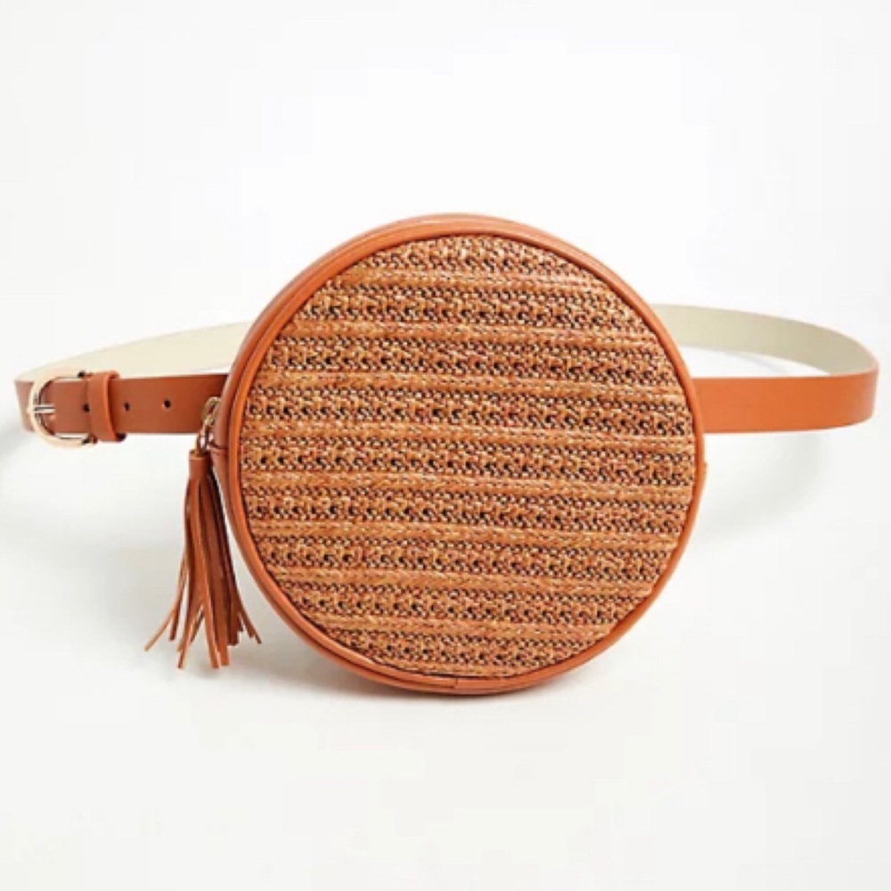 ๐ Cognac Faux Leather & Straw Round Belt Bag 2 2X 18 20 NWT Torrid New! Brown - Picture 1 of 4